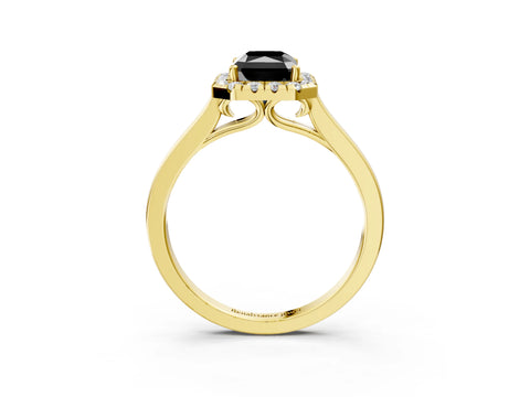 Yellow gold Fancy Black Radiant Cut Halo Round Diamond Solitaire Ring with Pavé Band and Four-Prong Setting_3
