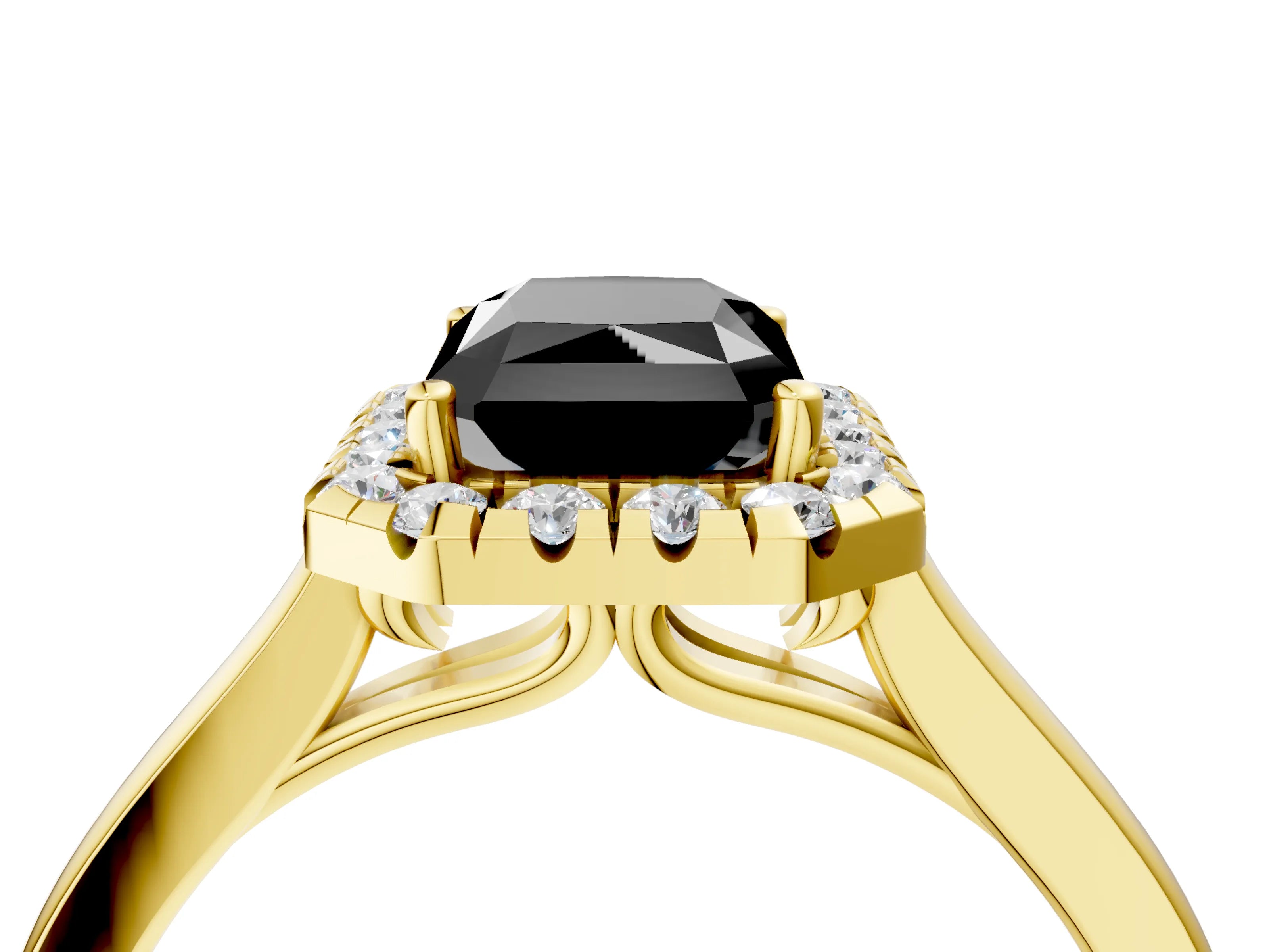Yellow gold Fancy Black Radiant Cut Halo Round Diamond Solitaire Ring with Pavé Band and Four-Prong Setting_4