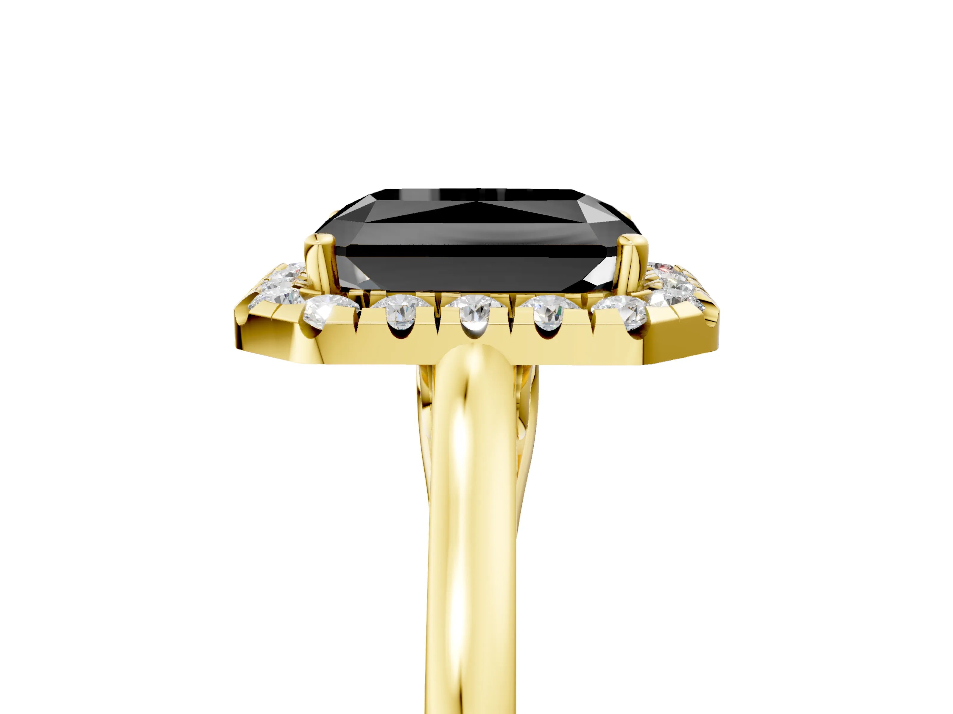 Yellow gold Fancy Black Radiant Cut Halo Round Diamond Solitaire Ring with Pavé Band and Four-Prong Setting_5