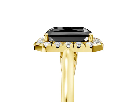 Yellow gold Fancy Black Radiant Cut Halo Round Diamond Solitaire Ring with Pavé Band and Four-Prong Setting_5