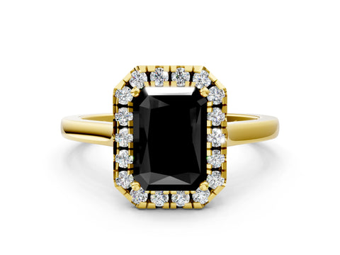 Yellow gold Fancy Black Radiant Cut Halo Round Diamond Solitaire Ring with Pavé Band and Four-Prong Setting