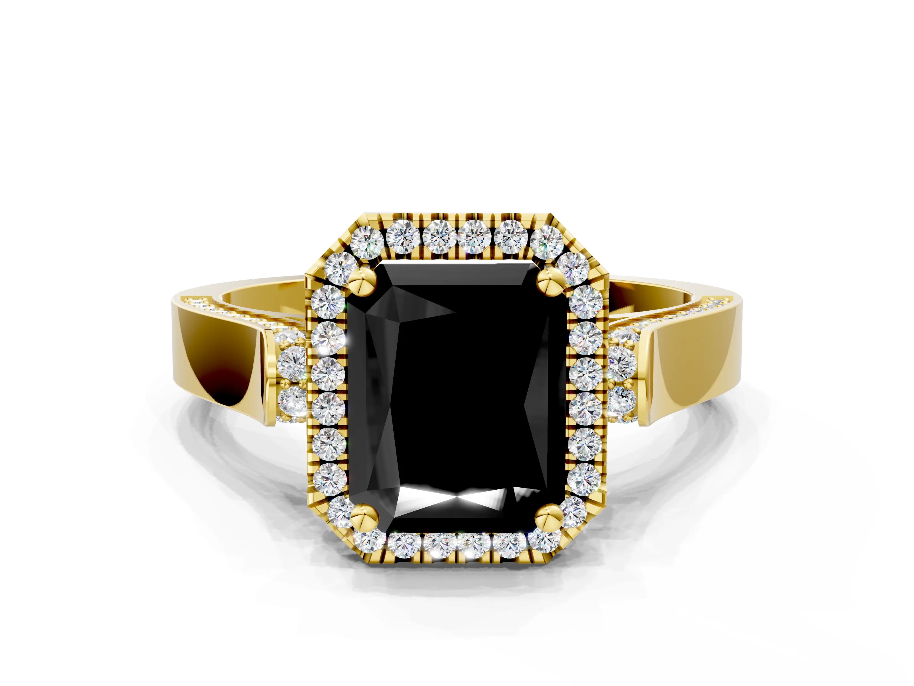 Yellow gold Fancy Black Radiant Cut Halo Round Diamond Twist Band with Four-Prong Setting