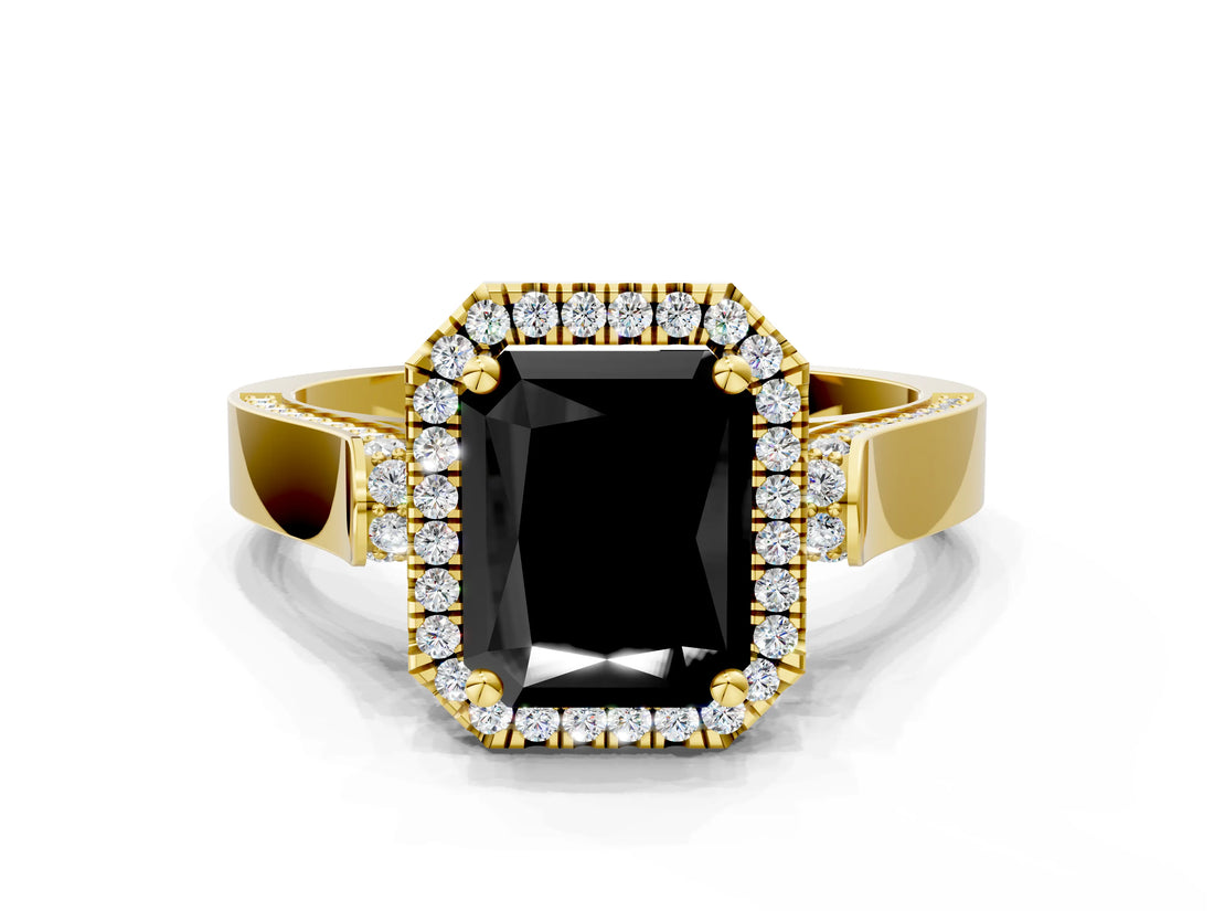 Yellow gold Fancy Black Radiant Cut Halo Round Diamond Twist Band with Four-Prong Setting