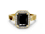 Yellow gold Fancy Black Radiant Cut Halo Round Diamond Twist Band with Four-Prong Setting