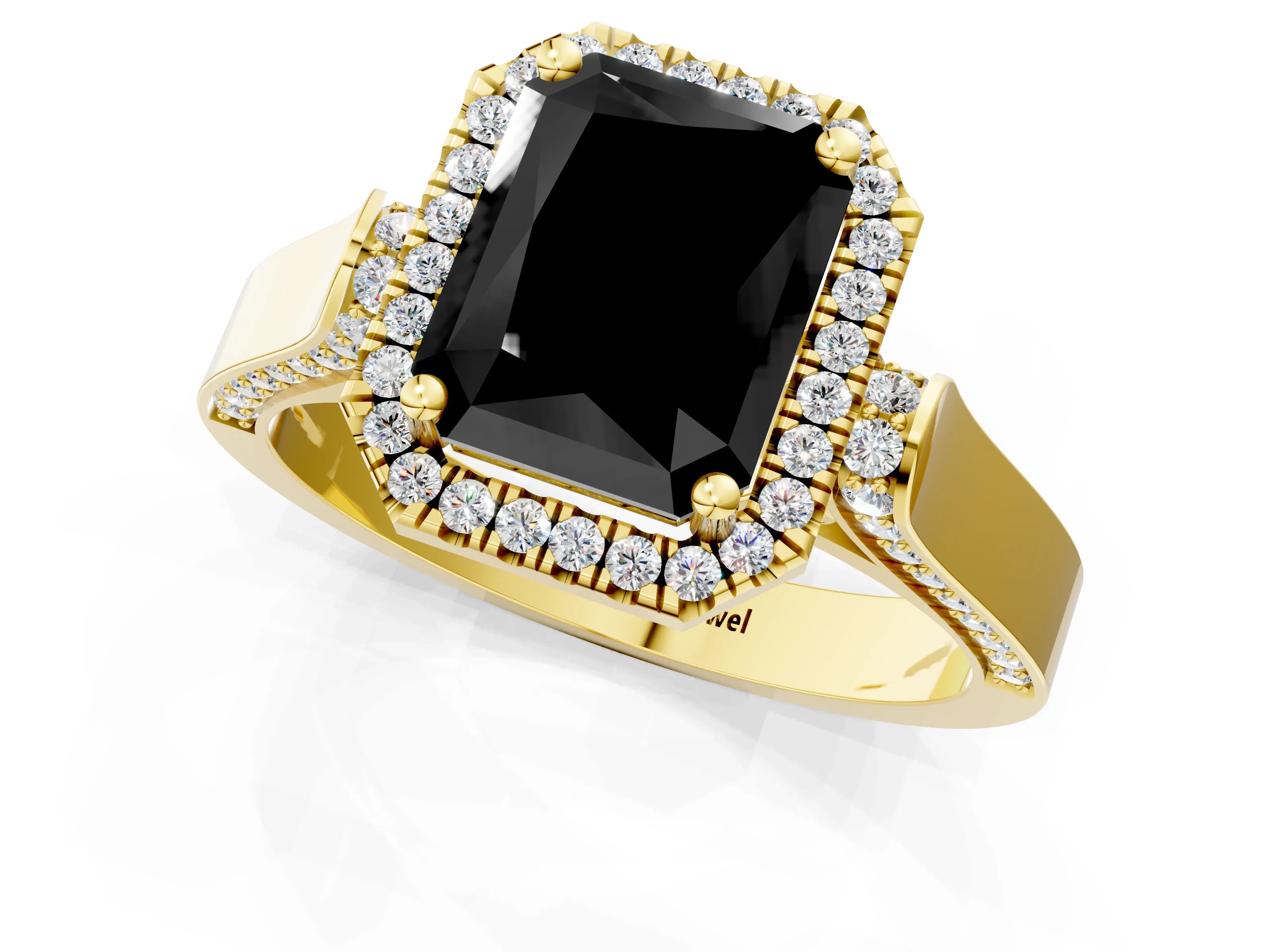 Yellow gold Fancy Black Radiant Cut Halo Round Diamond Twist Band with Four-Prong Setting_1