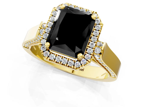 Yellow gold Fancy Black Radiant Cut Halo Round Diamond Twist Band with Four-Prong Setting_1