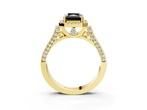 Yellow gold Fancy Black Radiant Cut Halo Round Diamond Twist Band with Four-Prong Setting_3