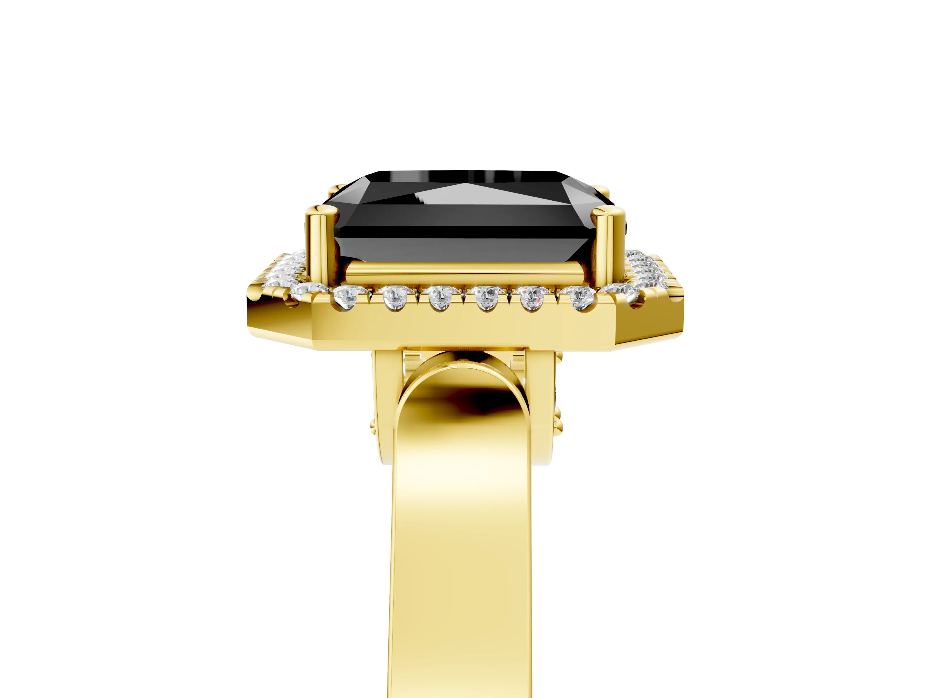 Yellow gold Fancy Black Radiant Cut Halo Round Diamond Twist Band with Four-Prong Setting_5