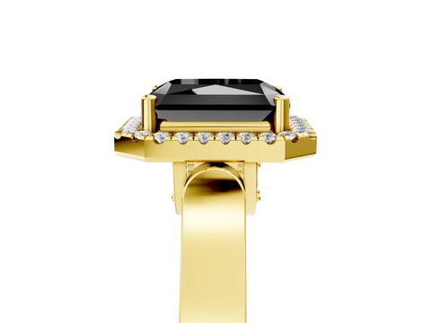 Yellow gold Fancy Black Radiant Cut Halo Round Diamond Twist Band with Four-Prong Setting_5