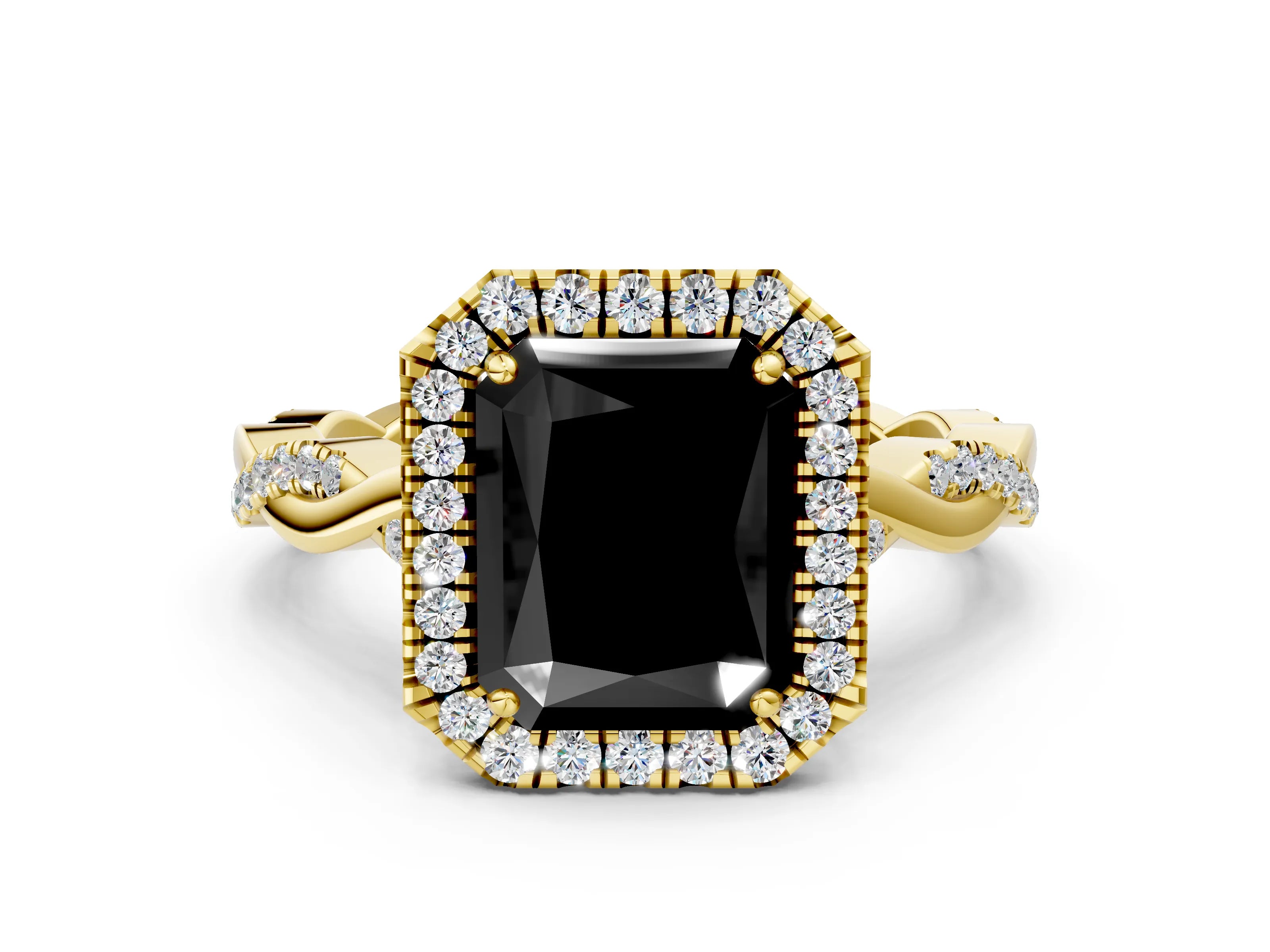 Yellow gold Fancy Black Radiant Cut Halo Twist Band with Four-Prong Setting