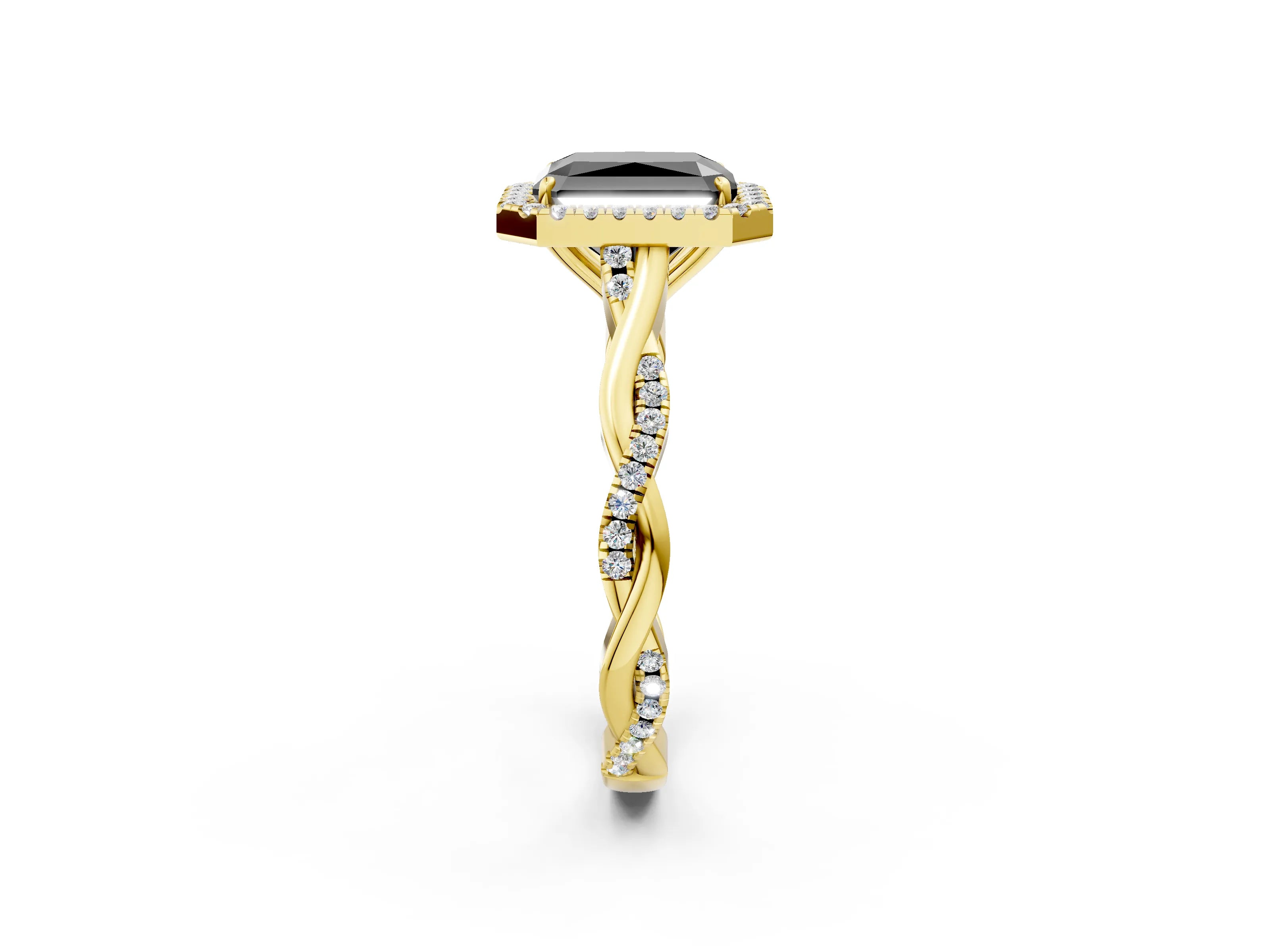 Yellow gold Fancy Black Radiant Cut Halo Twist Band with Four-Prong Setting_14