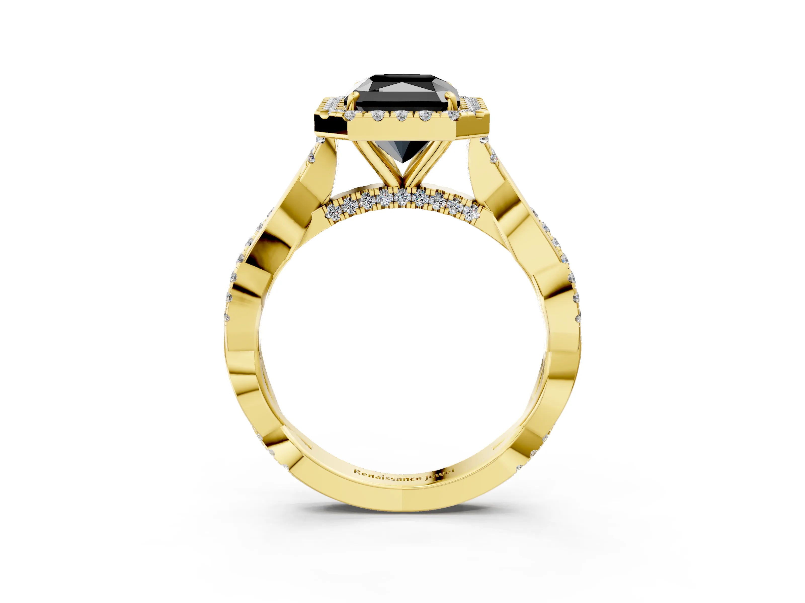 Yellow gold Fancy Black Radiant Cut Halo Twist Band with Four-Prong Setting_3