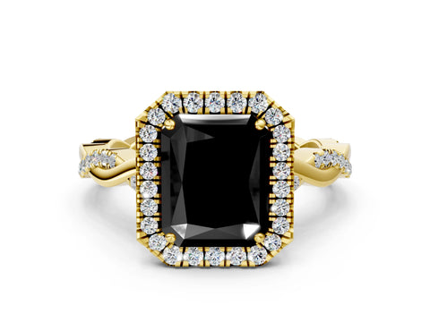 Yellow gold Fancy Black Radiant Cut Halo Twist Band with Four-Prong Setting