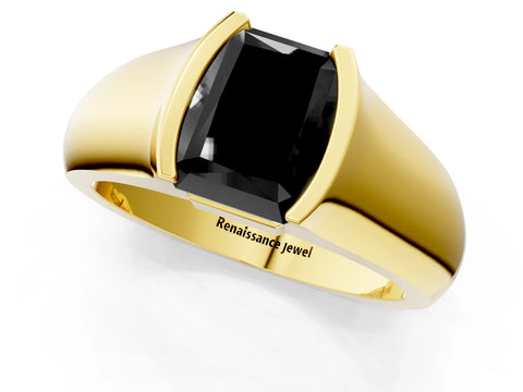 Yellow gold Fancy Black Radiant Cut Solitaire Bezel Set Diamond Ring with Wide Band_1