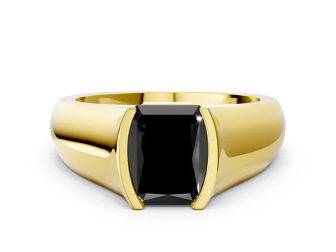 Yellow gold Fancy Black Radiant Cut Solitaire Bezel Set Diamond Ring with Wide Band