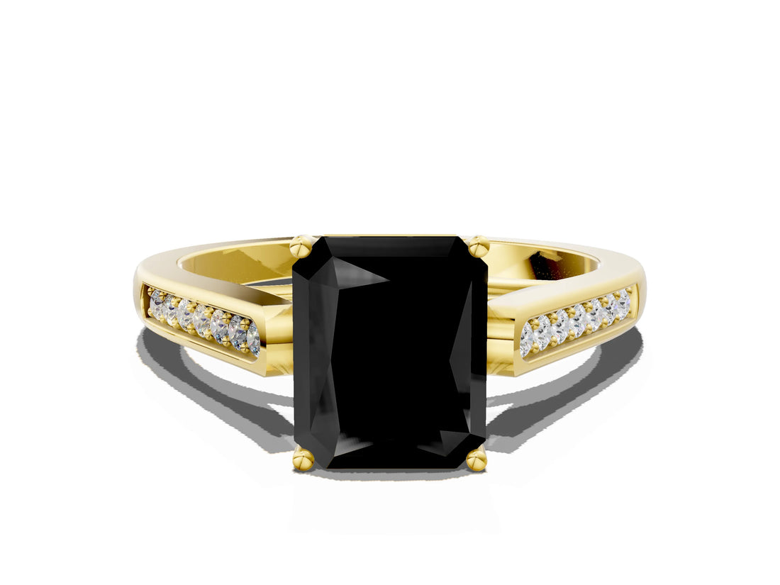 Yellow gold Fancy Black Radiant Cut Solitaire Cathedral Diamond Engagement Ring with Channel-Set Band and Four-Prong Setting_3
