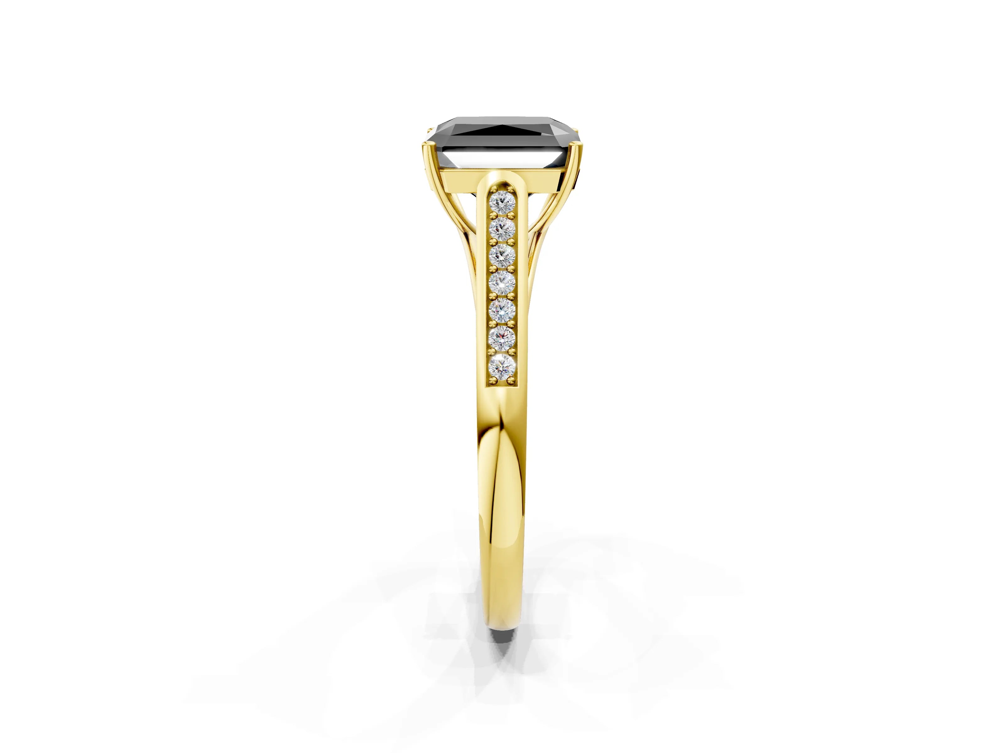 Yellow gold Fancy Black Radiant Cut Solitaire Cathedral Diamond Engagement Ring with Channel-Set Band and Four-Prong Setting_5