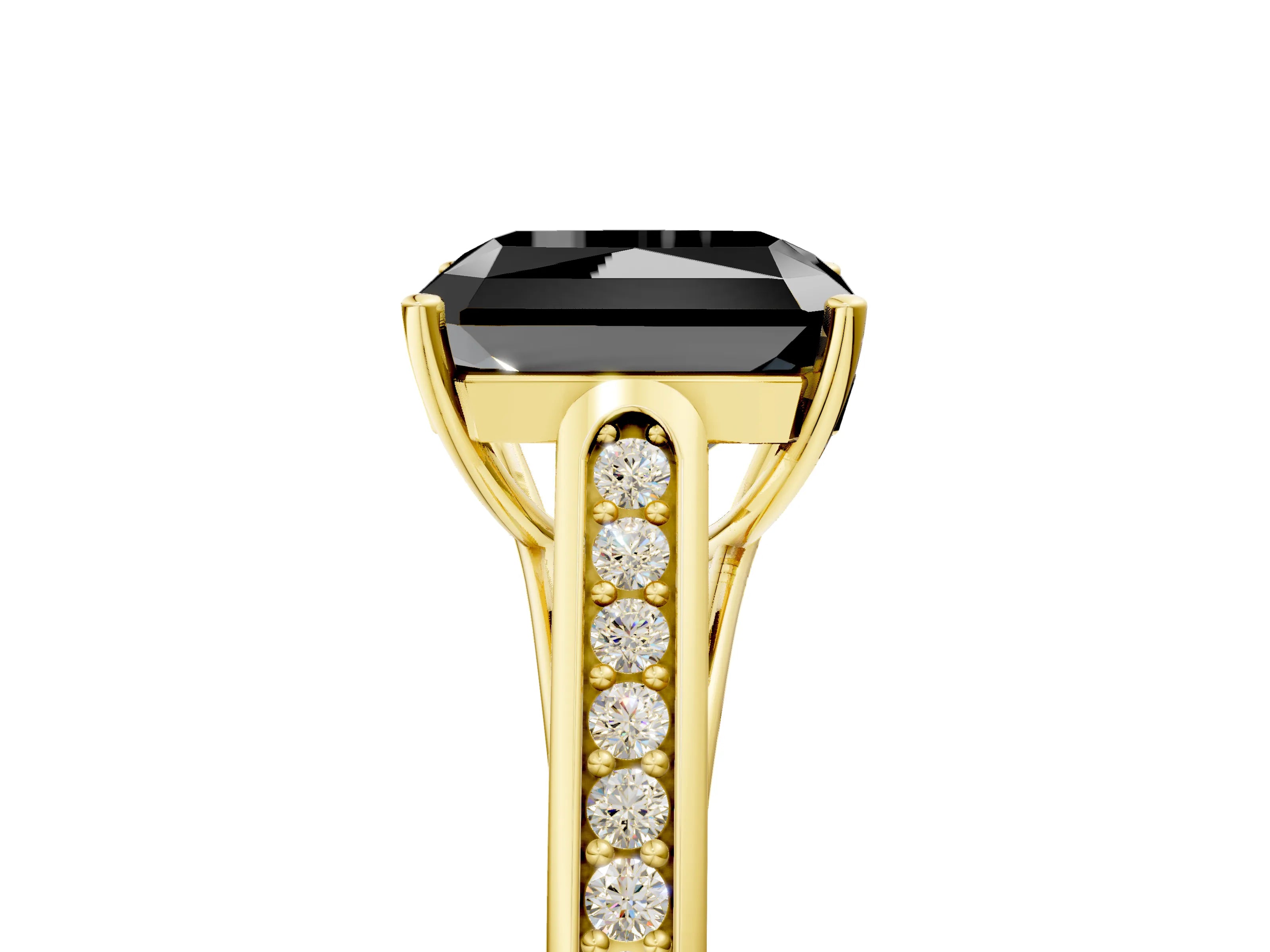 Yellow gold Fancy Black Radiant Cut Solitaire Cathedral Diamond Engagement Ring with Channel-Set Band and Four-Prong Setting_8