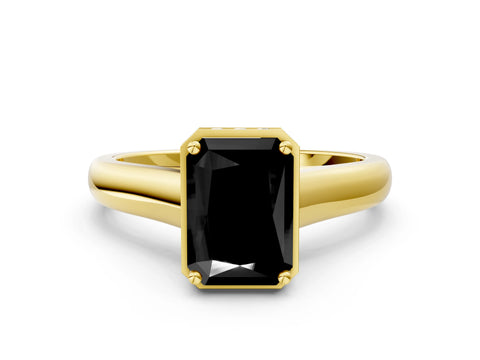 Yellow gold Fancy Black Radiant Cut Solitaire Diamond Engagement Ring with Four-Prong Setting and Tapered Band