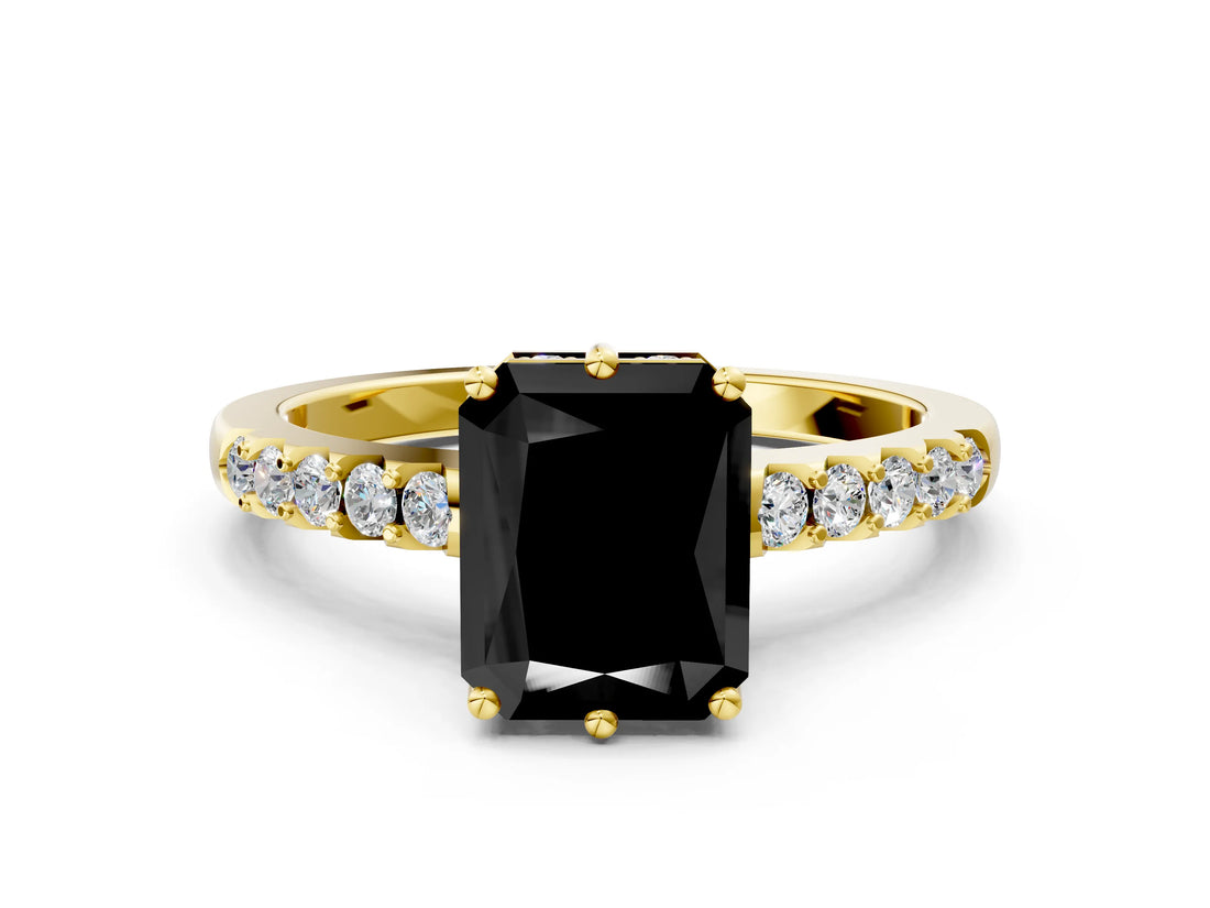 Yellow gold Fancy Black Radiant Cut Solitaire Diamond Engagement Ring with Pavé Band and Six-Prong Setting_12