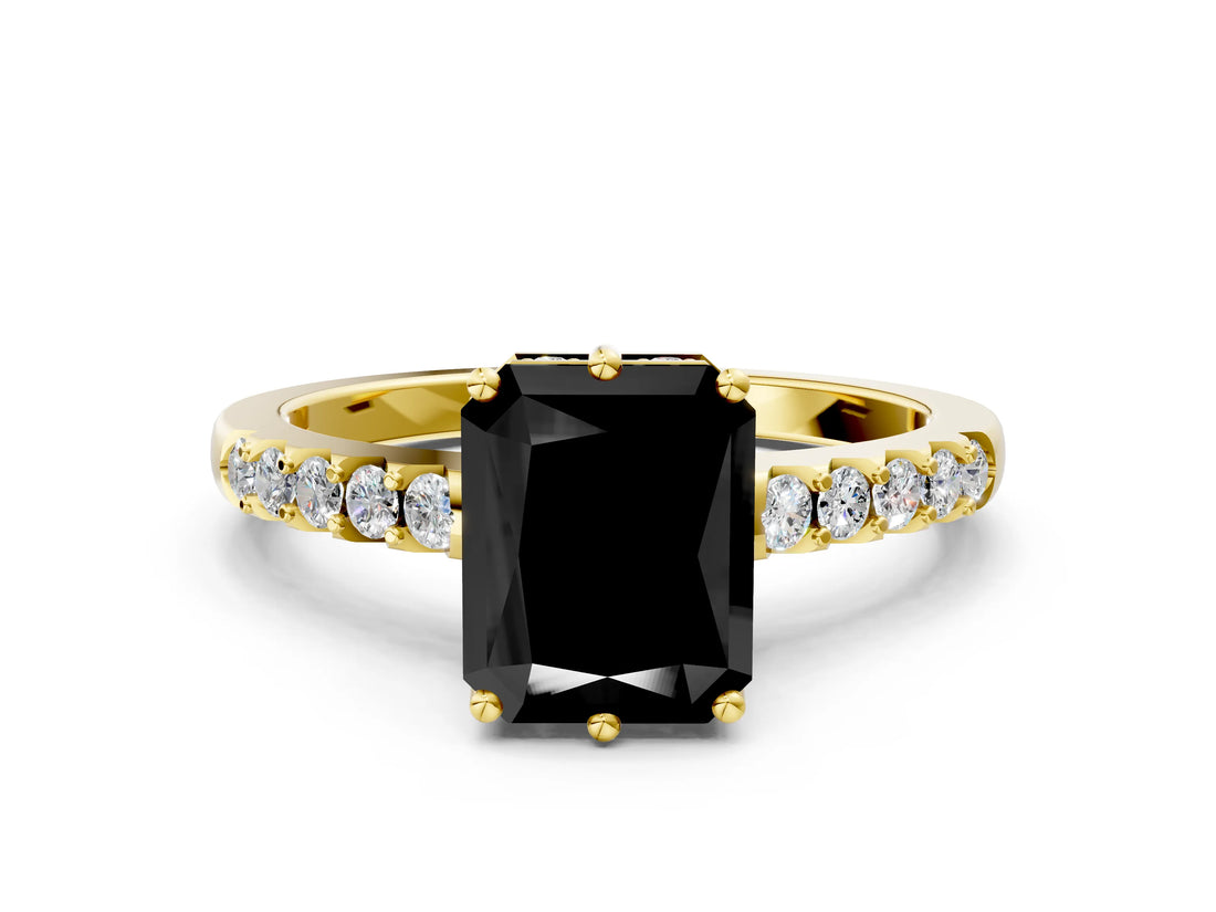 Yellow gold Fancy Black Radiant Cut Solitaire Diamond Engagement Ring with Pavé Band and Six-Prong Setting_24