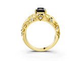 Yellow gold Fancy Black Radiant Cut Solitaire Diamond Leaf-Inspired Vine Band Ring with Prong Setting_3