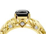 Yellow gold Fancy Black Radiant Cut Solitaire Diamond Leaf-Inspired Vine Band Ring with Prong Setting_4