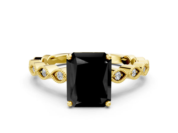 Yellow gold Fancy Black Radiant Cut Solitaire Diamond Ring with Infinity Twist Band and Four-Prong Setting