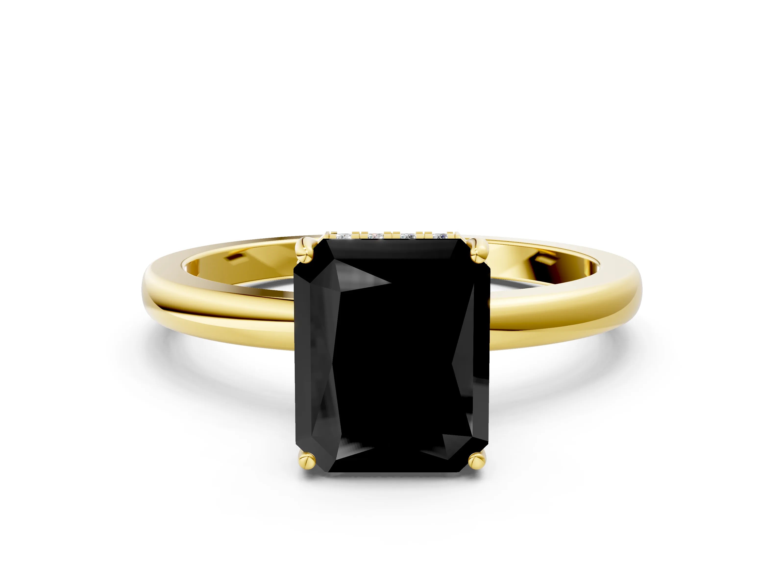 Yellow gold Fancy Black Radiant Cut Solitaire Diamond Ring with Prong Setting and Plain Band