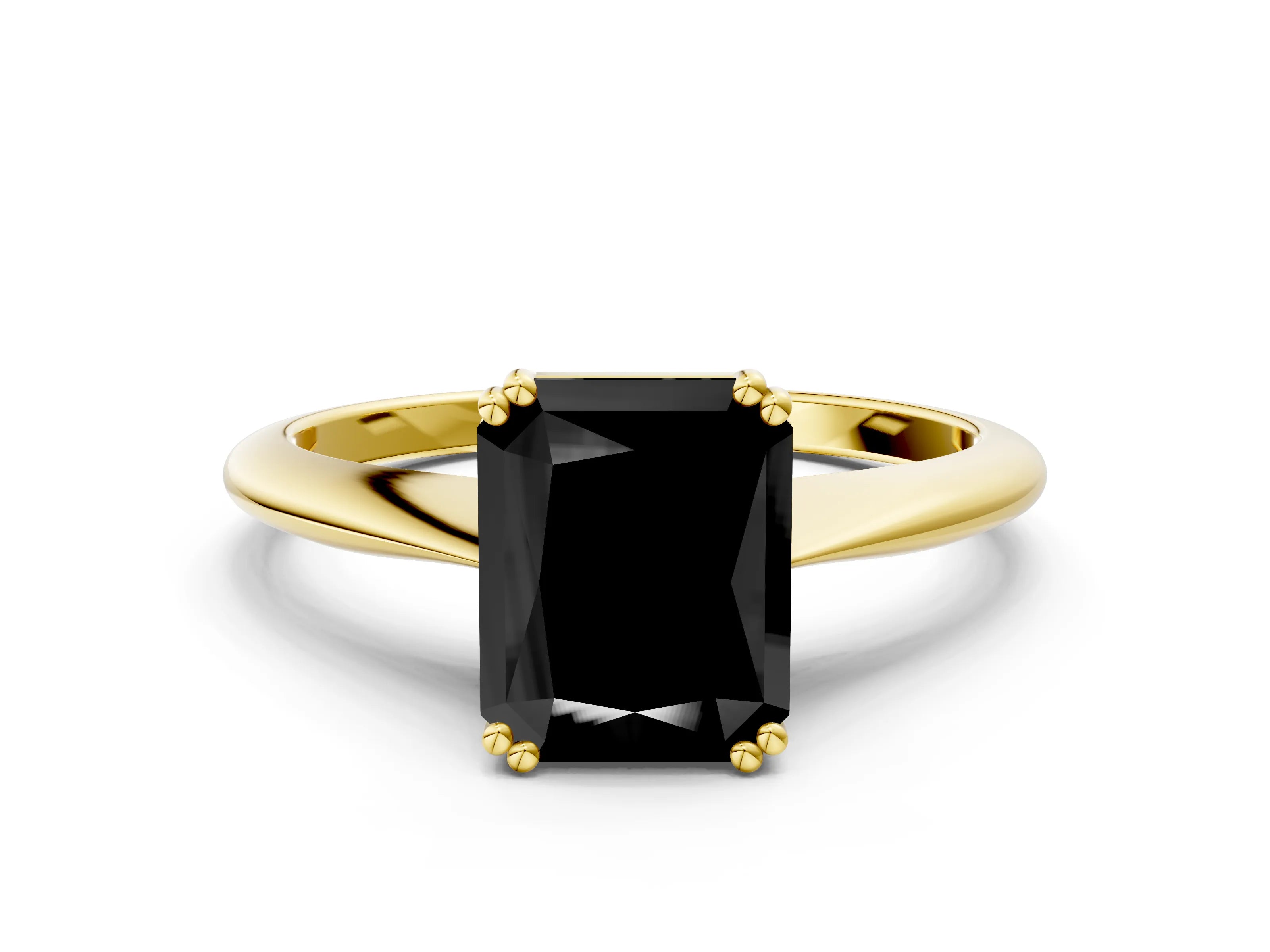 Yellow gold Fancy Black Radiant Cut Solitaire Diamond Ring with Six-Prong Setting and Classic Band