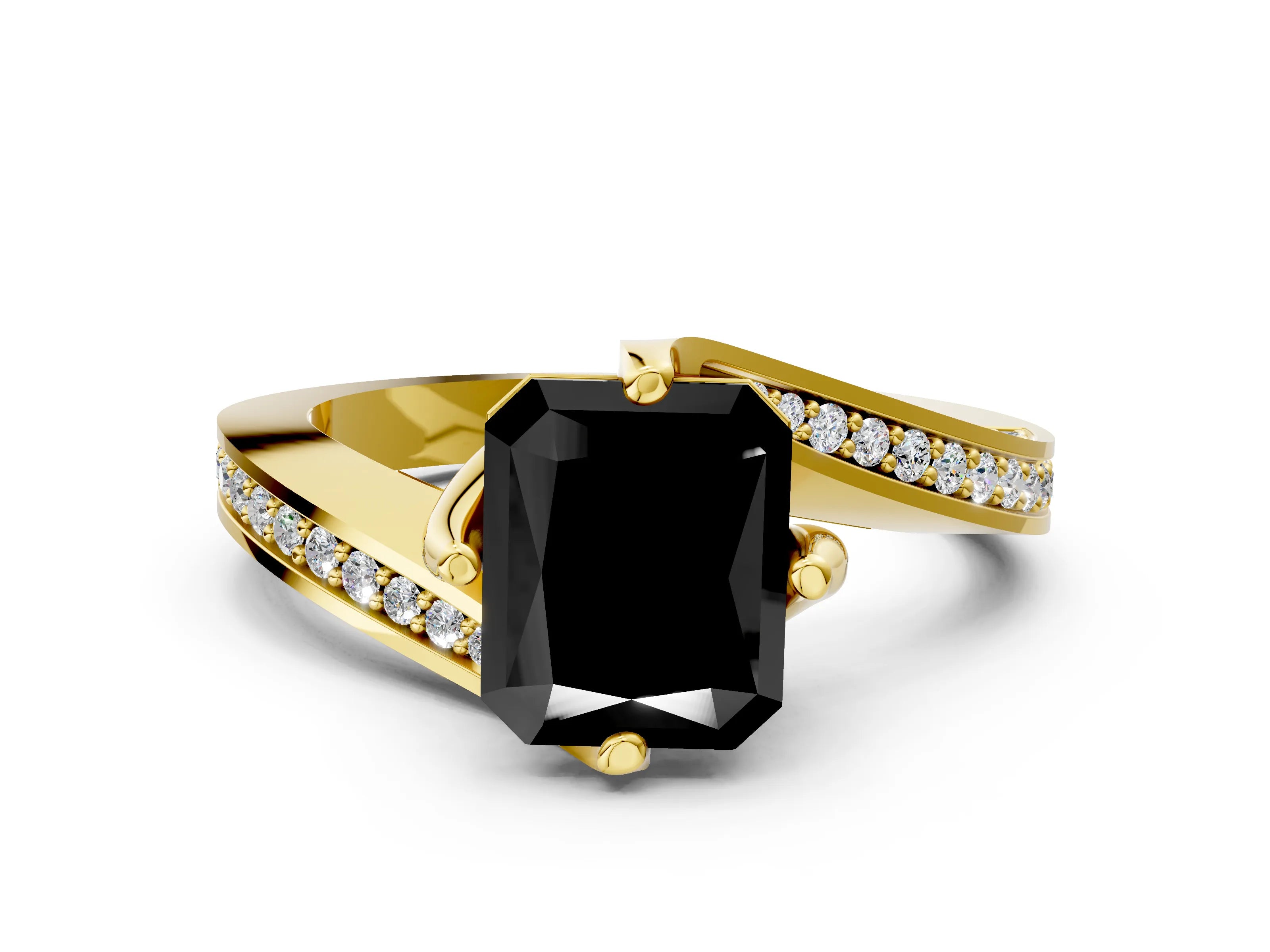 Yellow gold Fancy Black Radiant Cut Solitaire Diamond Twist Band with Pavé Setting and Four-Prong Setting