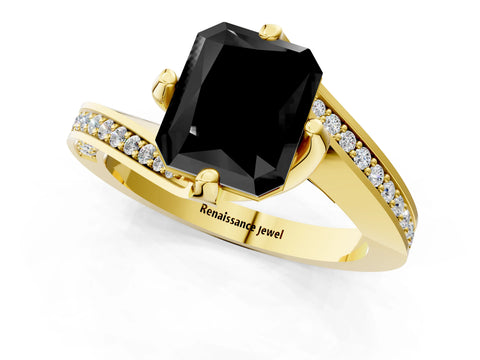 Yellow gold Fancy Black Radiant Cut Solitaire Diamond Twist Band with Pavé Setting and Four-Prong Setting_1