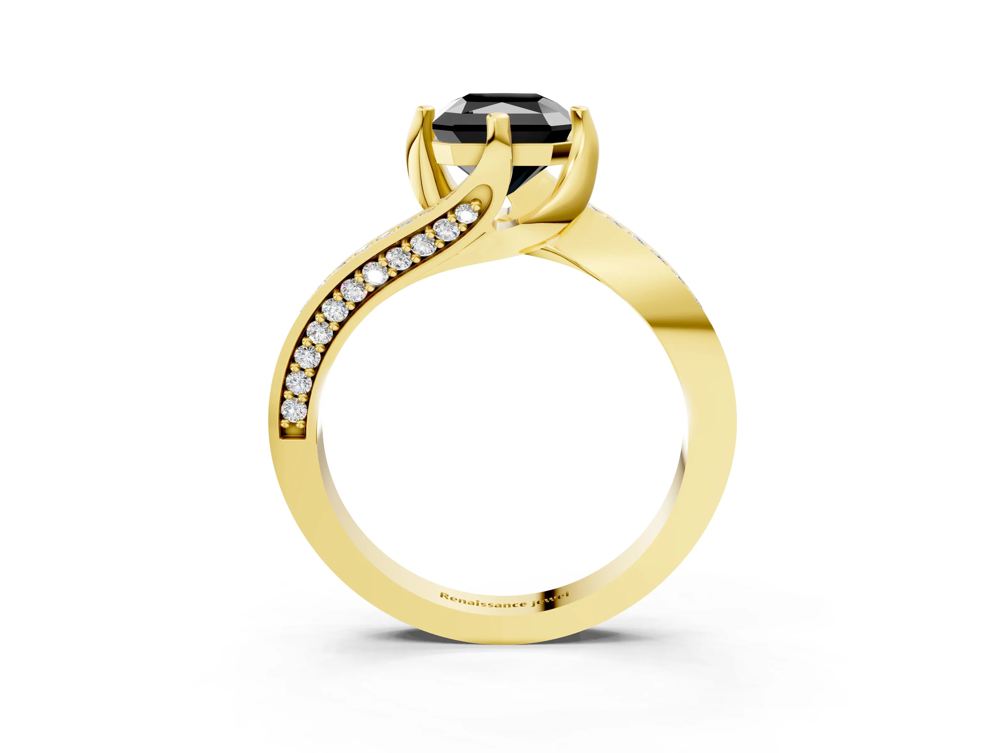 Yellow gold Fancy Black Radiant Cut Solitaire Diamond Twist Band with Pavé Setting and Four-Prong Setting_3
