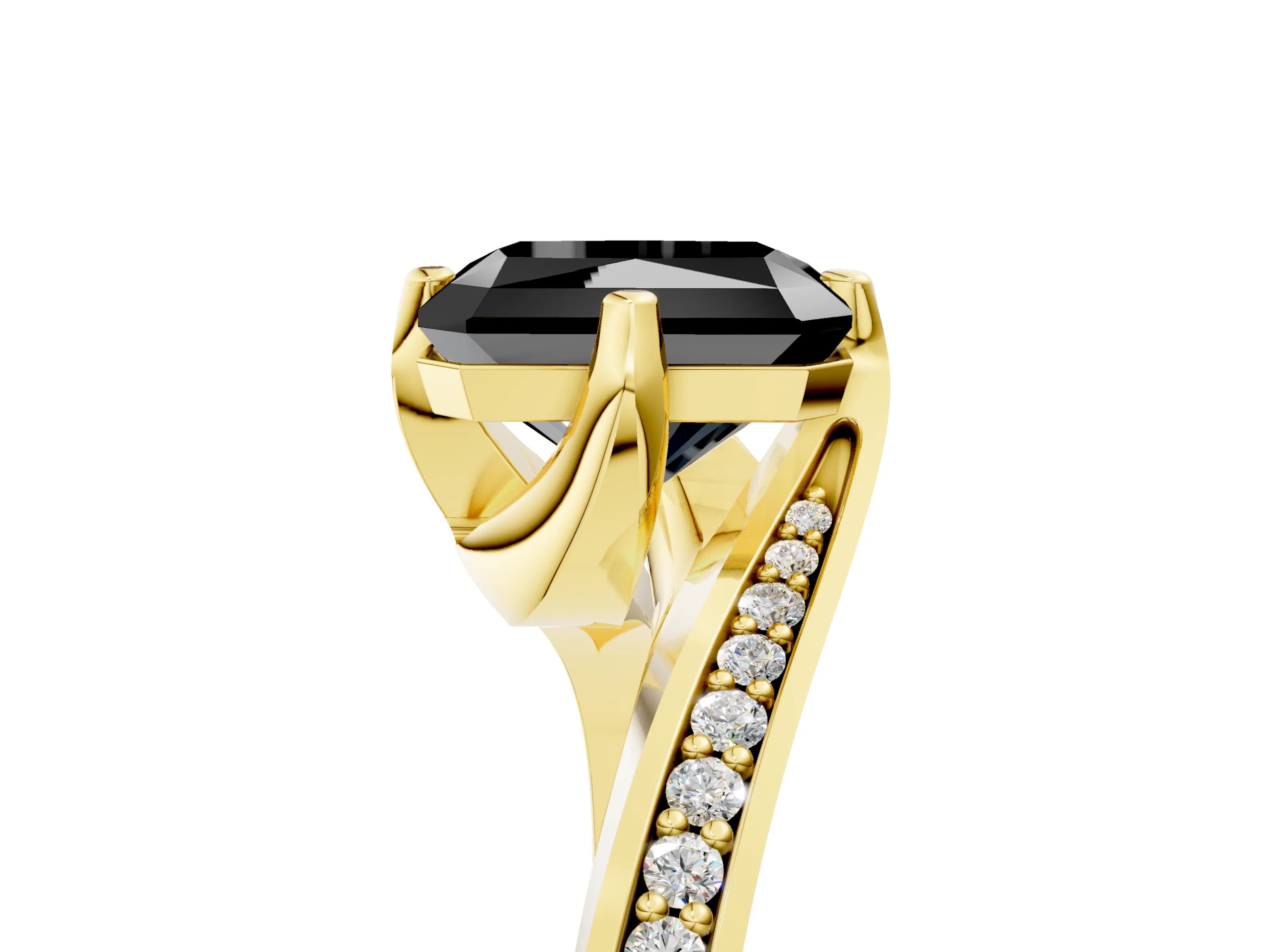 Yellow gold Fancy Black Radiant Cut Solitaire Diamond Twist Band with Pavé Setting and Four-Prong Setting_5