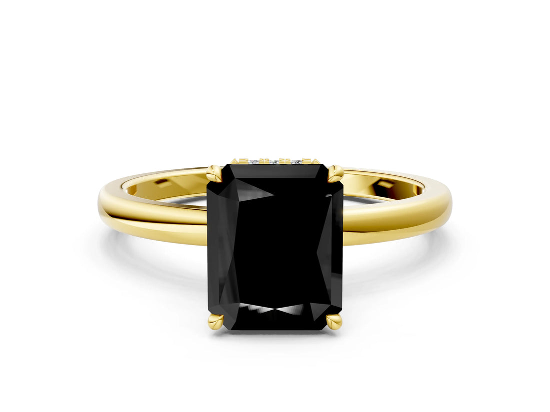 Yellow gold Fancy Black Radiant Cut Solitaire Engagement Ring with Cathedral Band and Four-Prong Setting