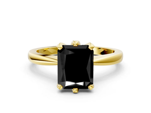 Yellow gold Fancy Black Radiant Cut Solitaire Engagement Ring with Six-Prong Setting and Tapered Band