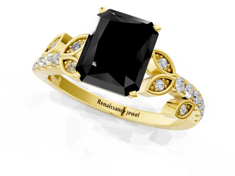 Yellow gold Fancy Black Radiant Cut Solitaire Leaf-Inspired Diamond Ring with Pavé Band and Four-Prong Setting_1