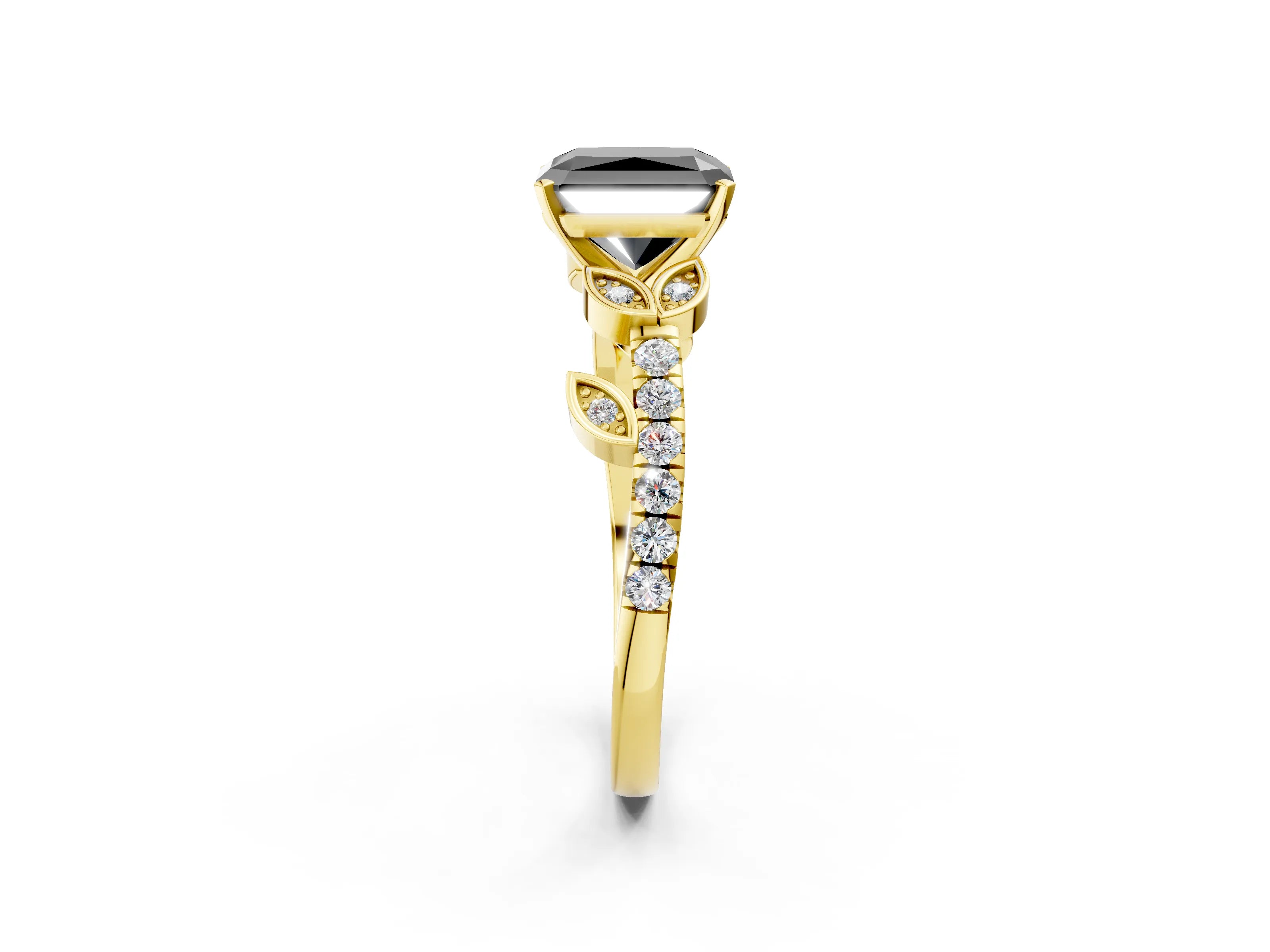 Yellow gold Fancy Black Radiant Cut Solitaire Leaf-Inspired Diamond Ring with Pavé Band and Four-Prong Setting_2