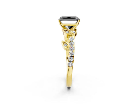 Yellow gold Fancy Black Radiant Cut Solitaire Leaf-Inspired Diamond Ring with Pavé Band and Four-Prong Setting_2
