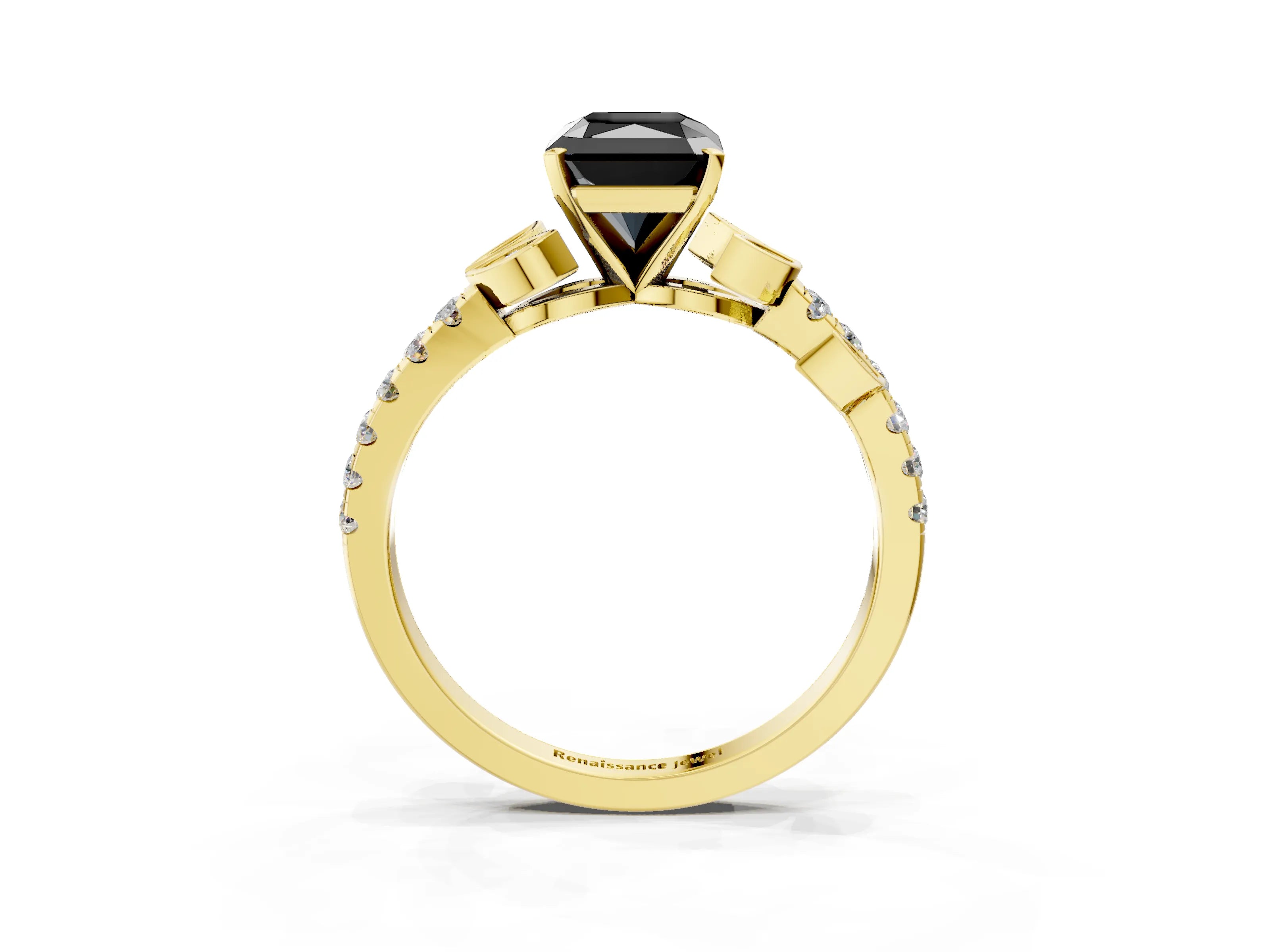 Yellow gold Fancy Black Radiant Cut Solitaire Leaf-Inspired Diamond Ring with Pavé Band and Four-Prong Setting_3