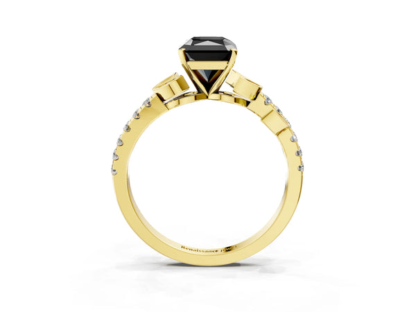 Yellow Gold Radiant Cut Leaf Solitaire Engagement Ring Setting for Black Center with Pave Band