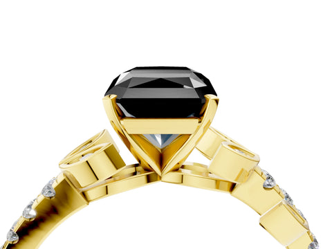 Yellow gold Fancy Black Radiant Cut Solitaire Leaf-Inspired Diamond Ring with Pavé Band and Four-Prong Setting_4