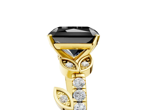 Yellow gold Fancy Black Radiant Cut Solitaire Leaf-Inspired Diamond Ring with Pavé Band and Four-Prong Setting_5