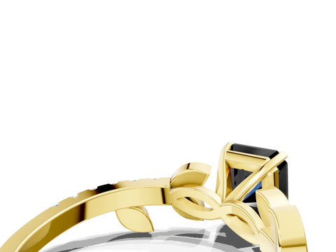 Yellow gold Fancy Black Radiant Cut Solitaire Leaf-Inspired Diamond Ring with Pavé Band and Four-Prong Setting
