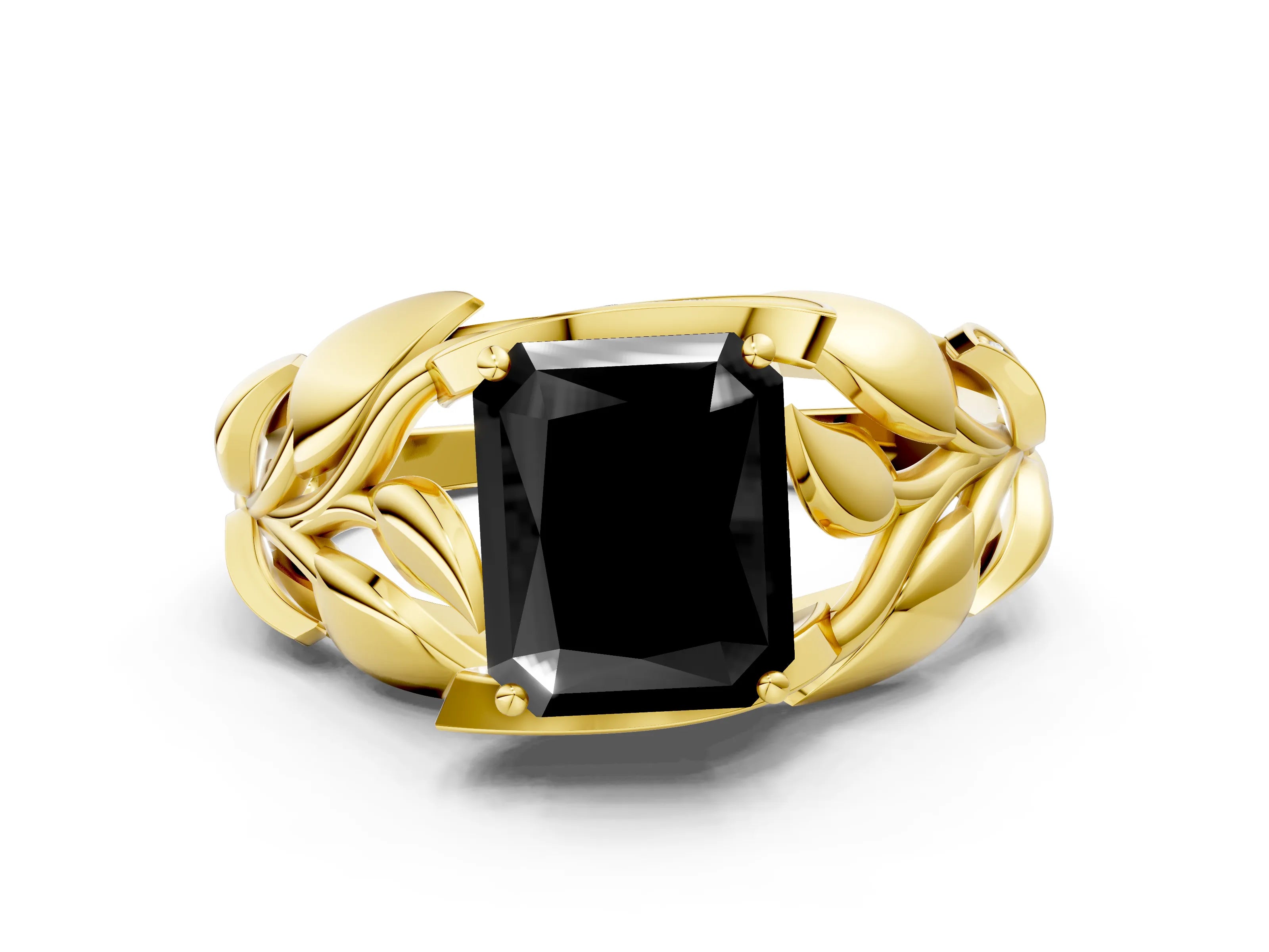 Yellow gold Fancy Black Radiant Cut Solitaire Leaf-Inspired Engagement Ring with Prong Setting