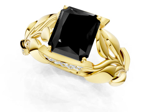 Yellow gold Fancy Black Radiant Cut Solitaire Leaf-Inspired Engagement Ring with Prong Setting_1