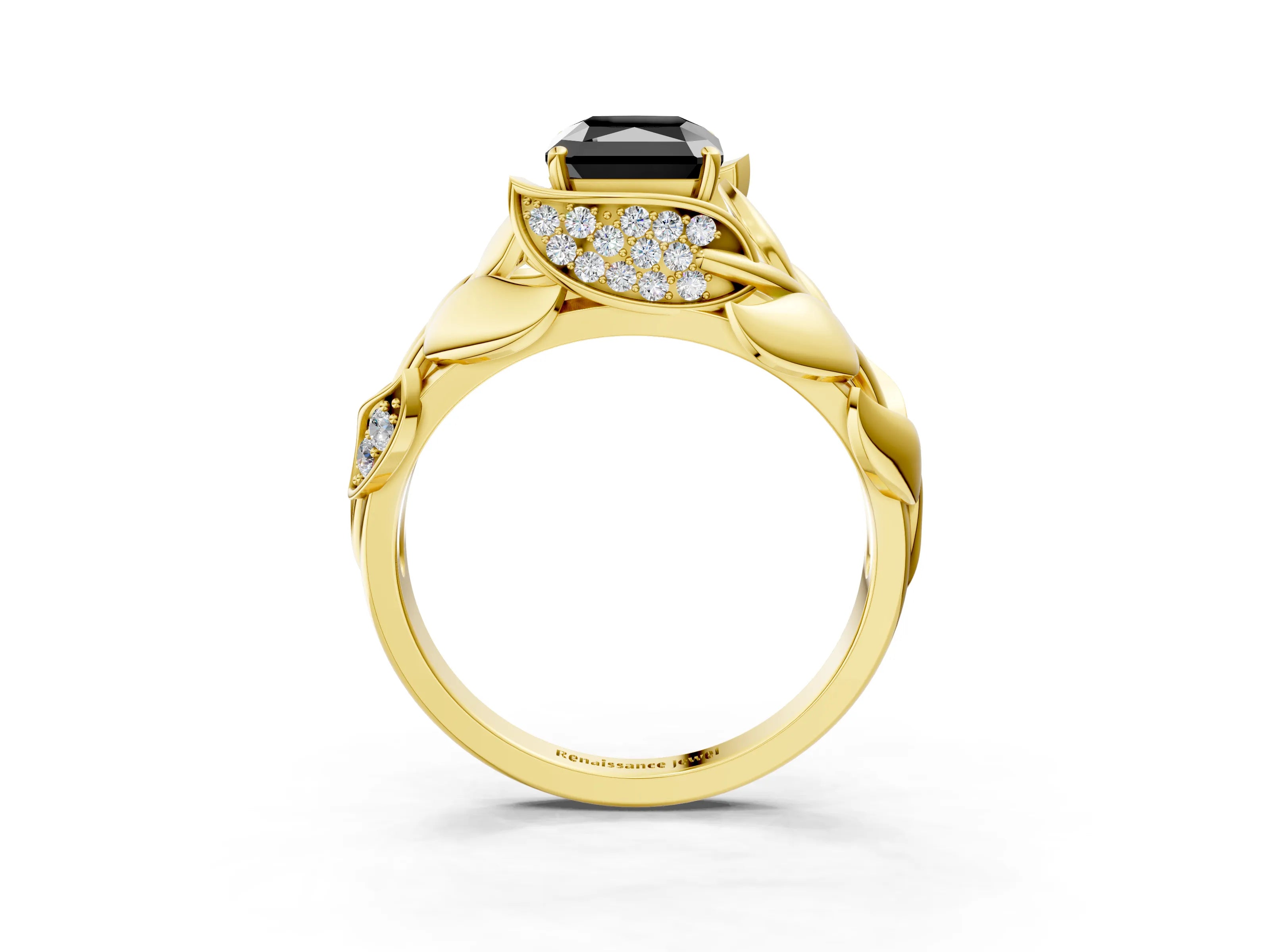 Yellow gold Fancy Black Radiant Cut Solitaire Leaf-Inspired Engagement Ring with Prong Setting_3