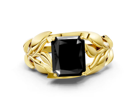 Yellow gold Fancy Black Radiant Cut Solitaire Leaf-Inspired Engagement Ring with Prong Setting