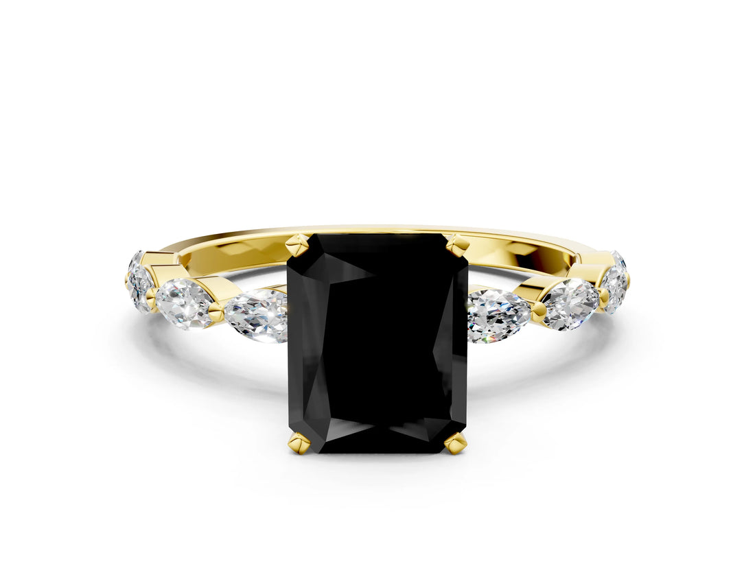 Yellow gold Fancy Black Radiant Cut Solitaire Marquise Side Stone Prong Setting Ring