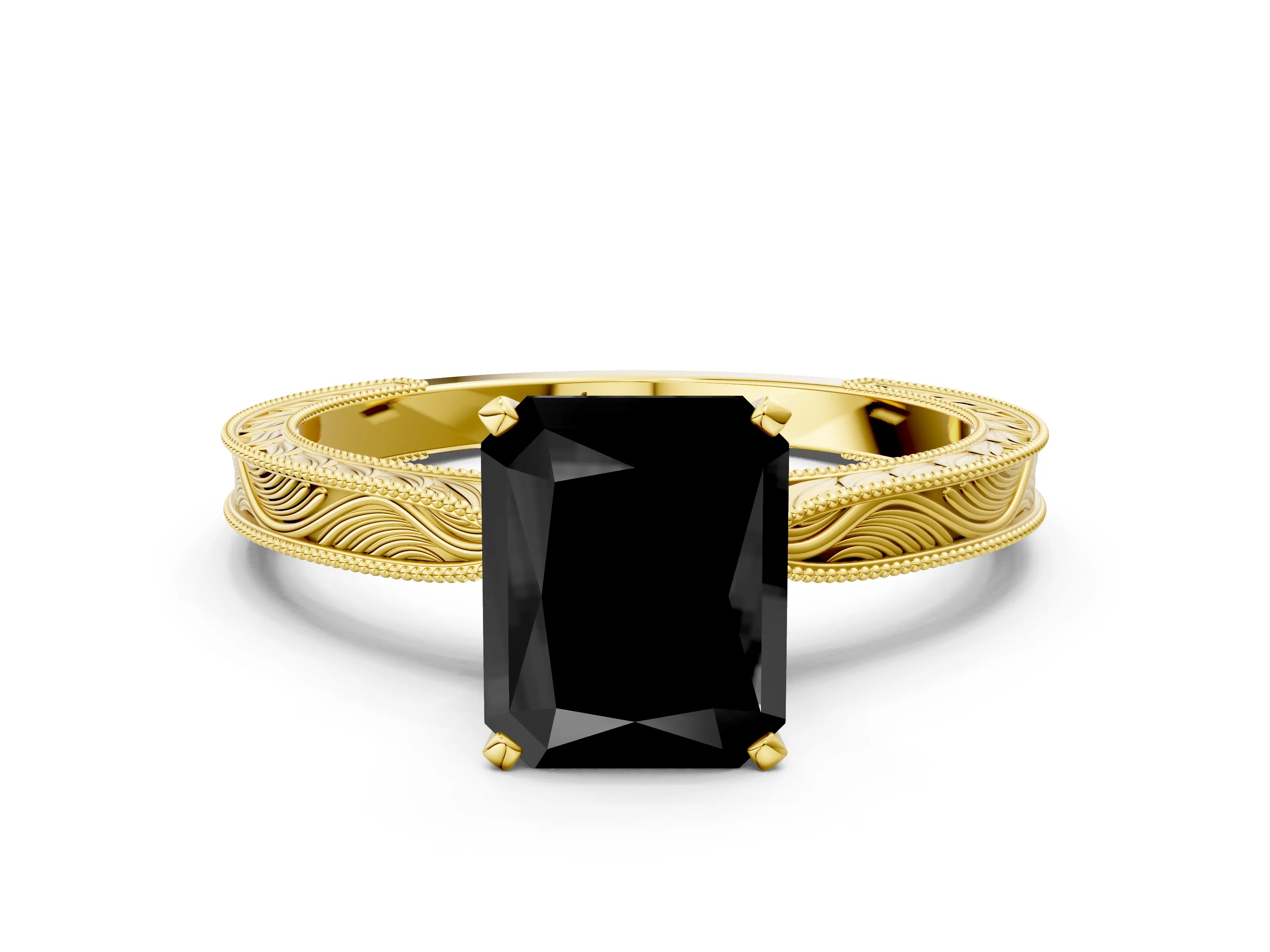 Yellow gold Fancy Black Radiant Cut Solitaire Milgrain Engraved Band with Four-Prong Setting
